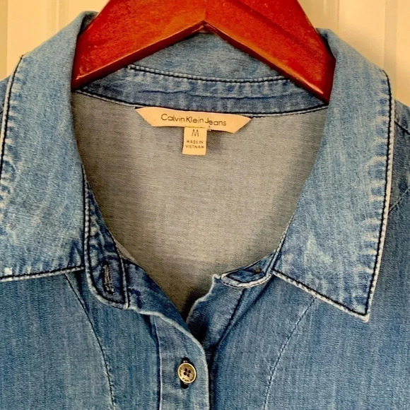 Calvin Klein Chambray Shirt Dress 100% Cotton Button Up Blue Quarter Sleeve Med - Picture 6 of 14